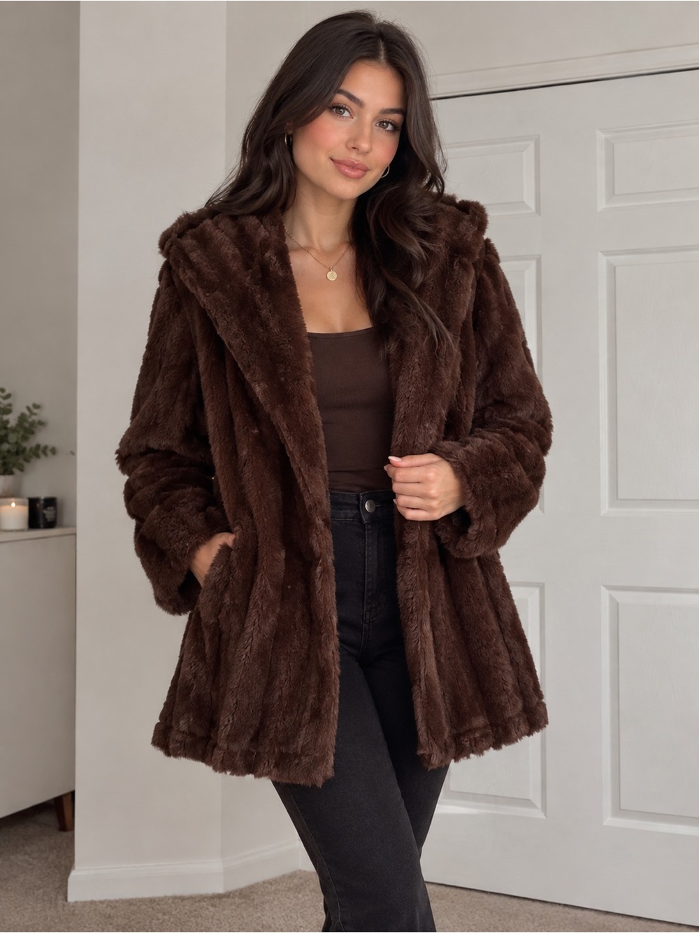 Slinky Brand Chocolate Brown Faux Fur Hooded Cape Open Coat Y2K Cozy Glam XL